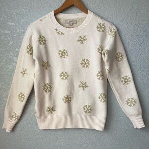 Loft Cream Snowflake Knit Sweater Gold Metallic Winter Holiday Cozy